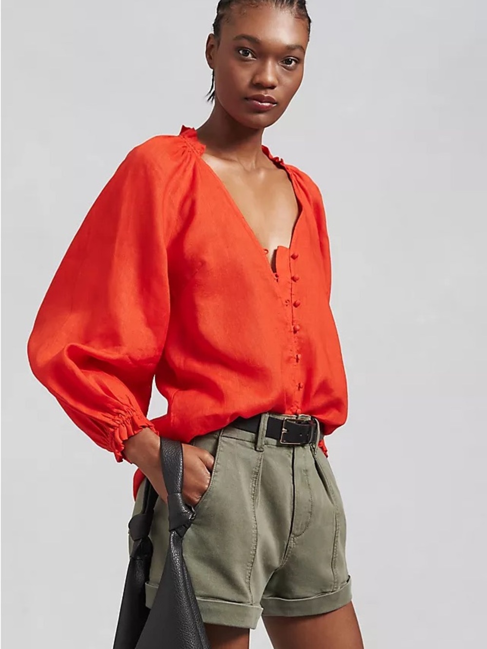 Maeve Anthropologie Audie 100% Linen Ruffle V-Neck Balloon Sleeve Top Red Small